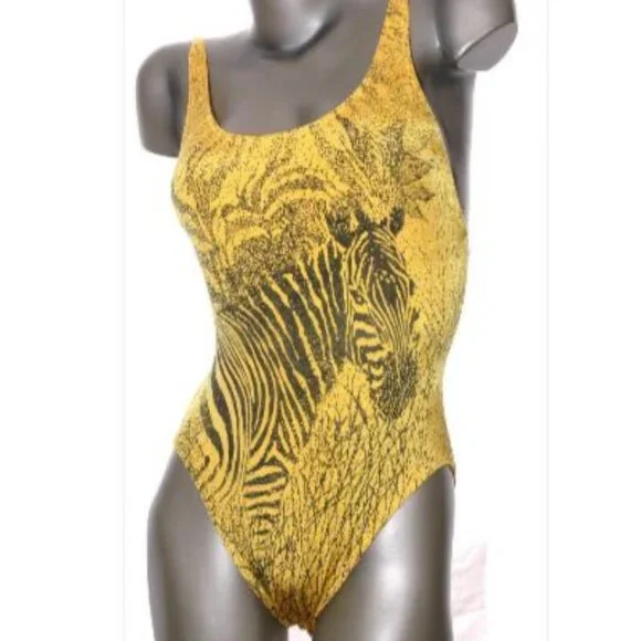 Vintage ZEBRA Swimsuit Lined Jungle Safari Wild Yellow Black Swim Beach  12 - Picture 2 of 5